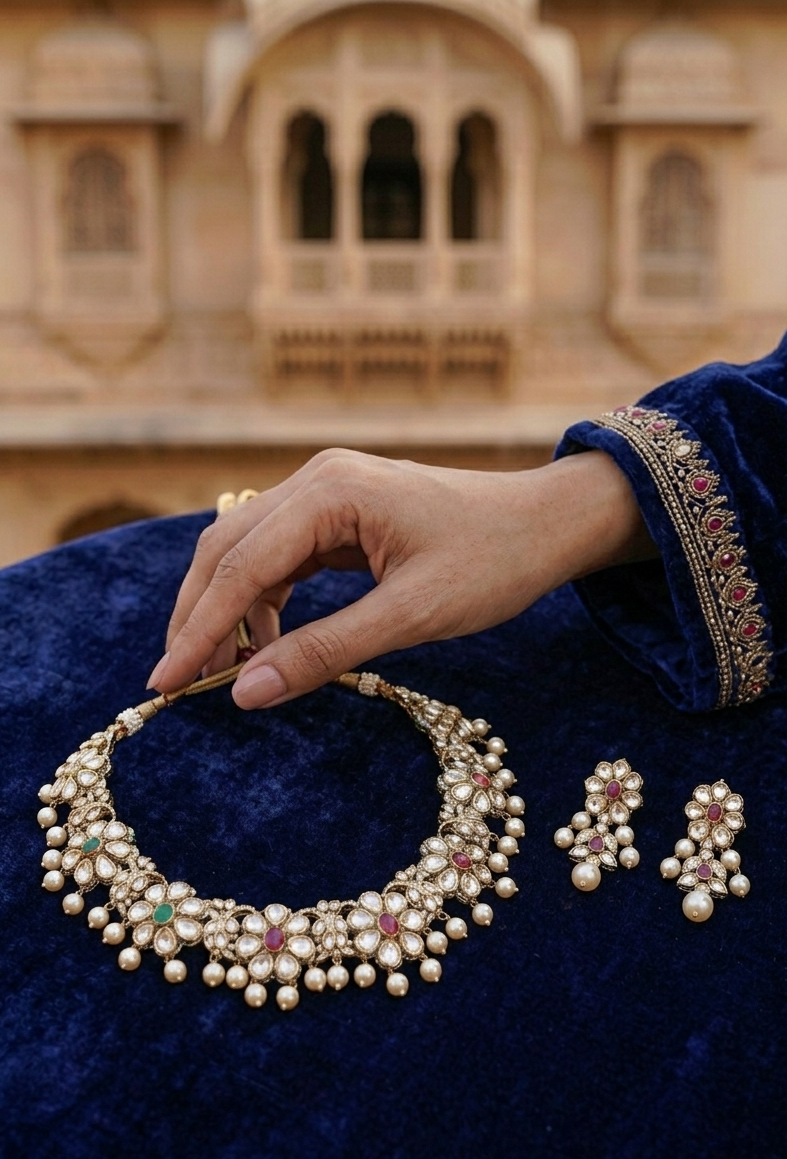 handcrafted 925 silver kundan choker with emerald and ruby stones