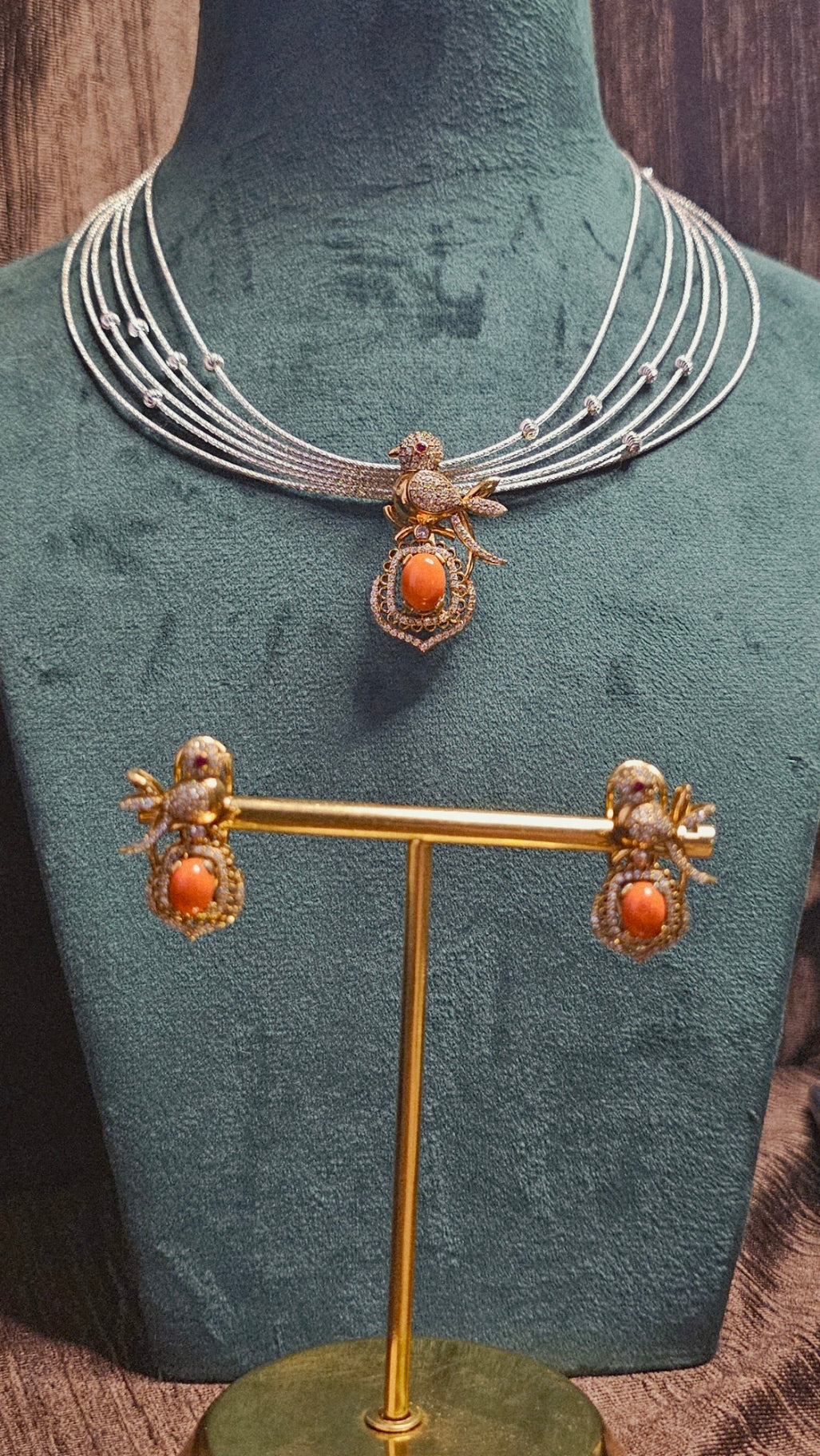 Coral pendent silver necklace set