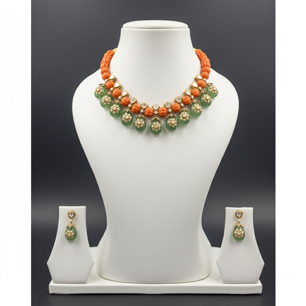New Design Coral Green Emerald Stone Necklace Set for Girls & Women |