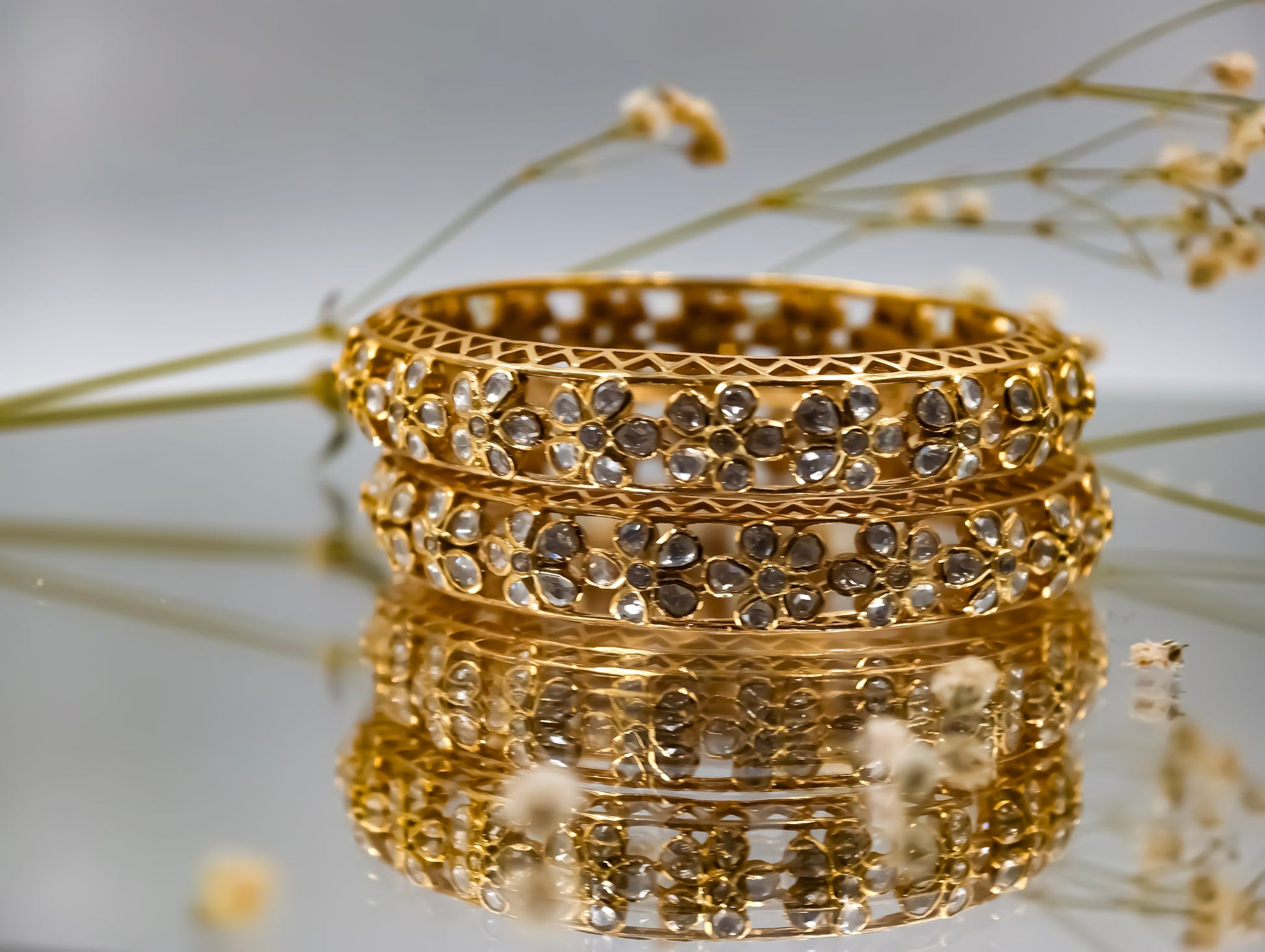 925 Sterling Silver Gold Plated Floral Bangles for Women 