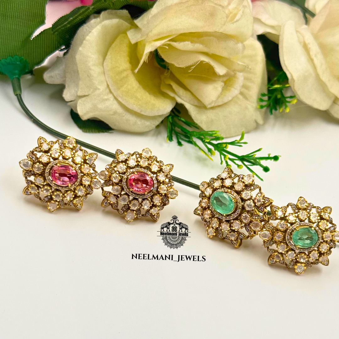 Floral Stud Earrings for Greeb & pink