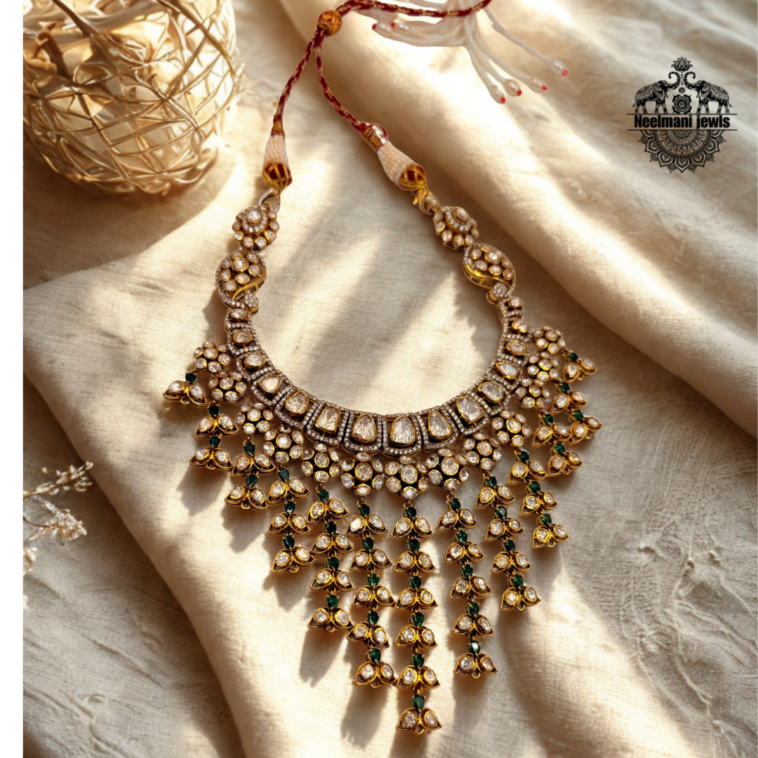 Moissanite Polki Choker Green Stone Necklace Set