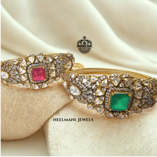 Royal Pink Green Moissanite Polki Kada – Designer Ethnic Bangle