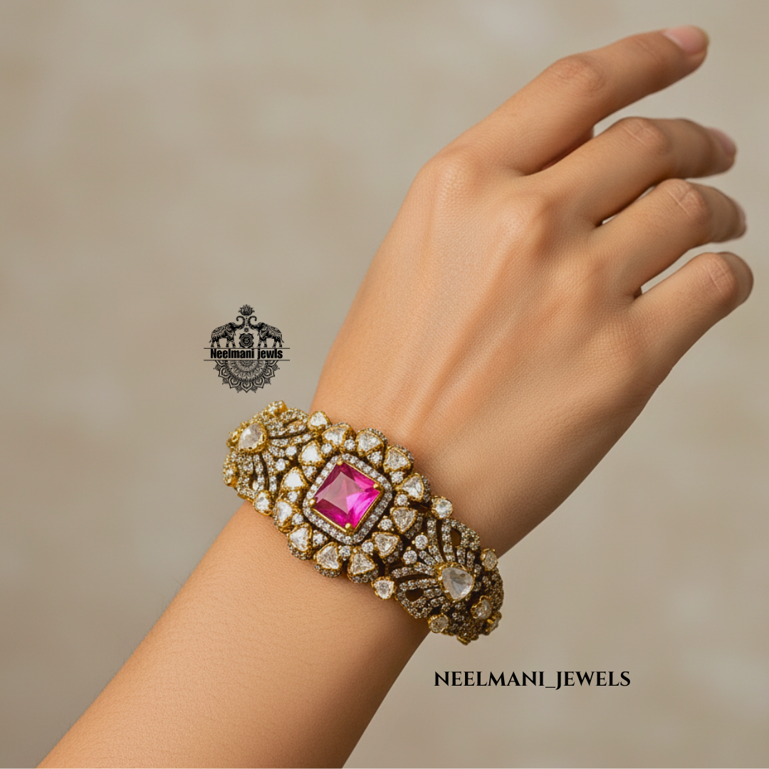 Royal Pink Green Moissanite Polki Kada – Designer Ethnic Bangle