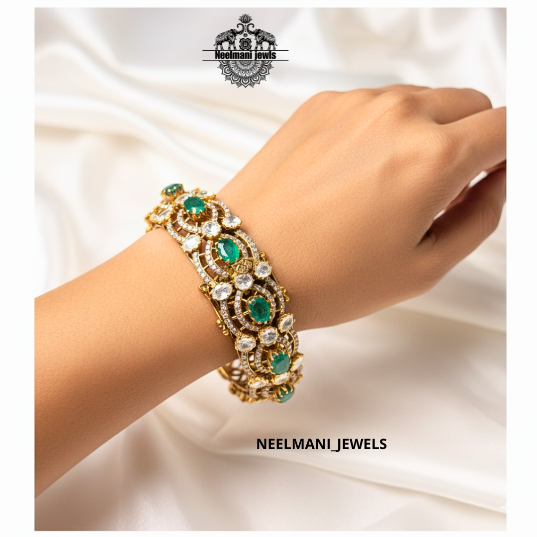 Emerald Green Stone Bangle – Luxury 925 Silver Bridal Kada Jewellery