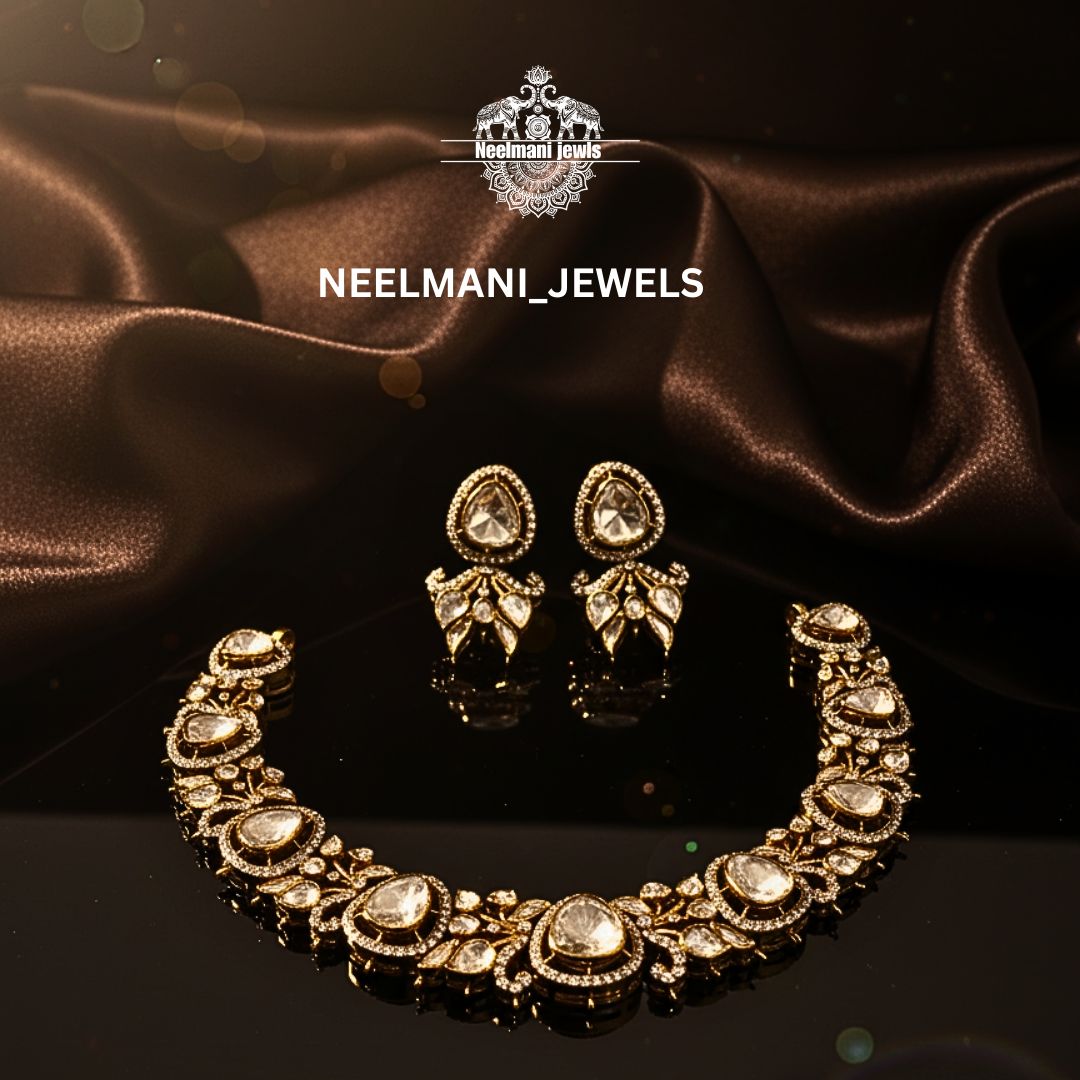 925sliver Moissanite Polki Necklace Set for Girls & Woman