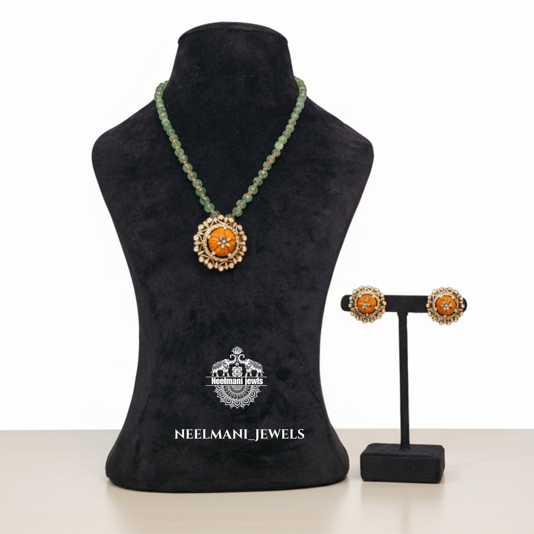 Green Beaded Necklace with Floral Pendant | Ethnic Kundan Jewellery