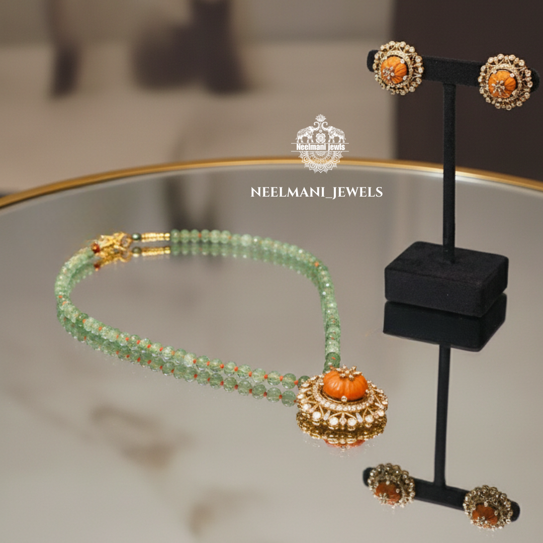 Green Beaded Necklace with Floral Pendant | Ethnic Kundan Jewellery