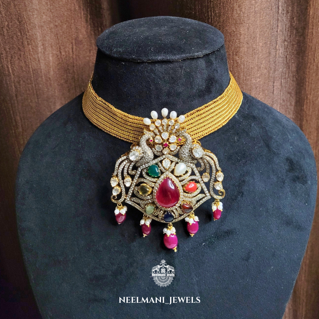 Big Navratna Pendant for Women | Traditional Ethnic Statement Jewellery