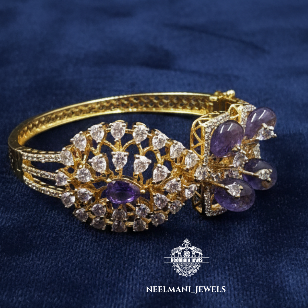 CORAL & Purple Stone Bangle in 925 Sterling Silver | Adjustable Anti-Tarnish Kada for Women