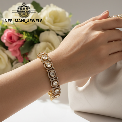 Traditional Moissanite Polki Kada with White Stones