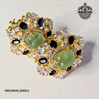 Neelmani Jewels earrings with green gemstones and gold accents on a white background