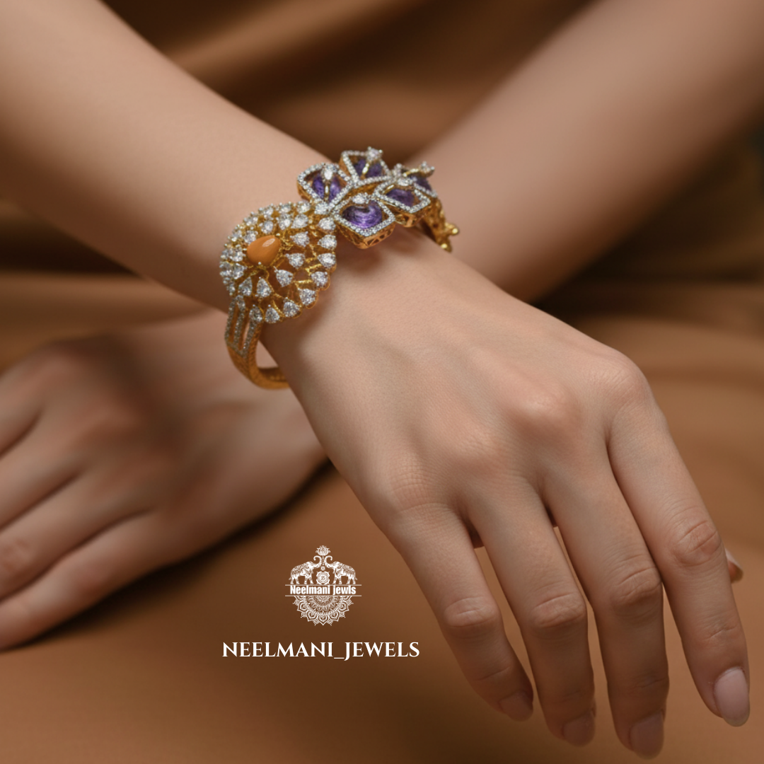CORAL & Purple Stone Bangle in 925 Sterling Silver | Adjustable Anti-Tarnish Kada for Women