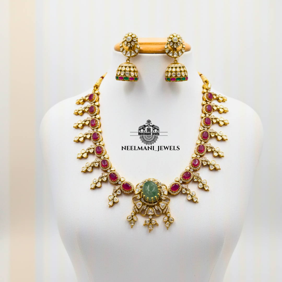 Ruby Stone Polki Necklace Set with Jhumki | Moissanite Bridal Jewellery