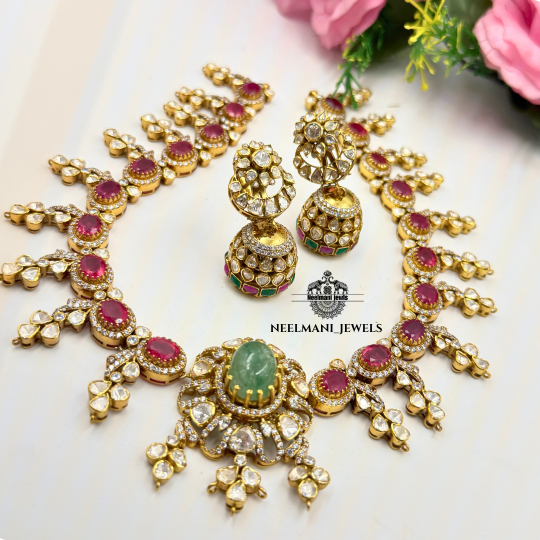 Ruby Stone Polki Necklace Set with Jhumki | Moissanite Bridal Jewellery