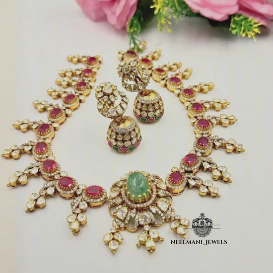 Ruby Stone Polki Necklace Set with Jhumki | Moissanite Bridal Jewellery