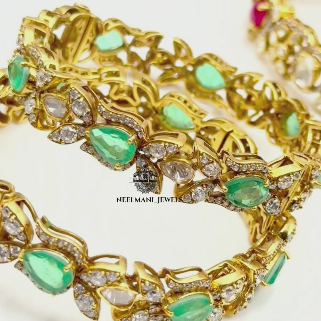 Moissanite Green Polki Bangle – Luxury 925 Silver Designer Kada