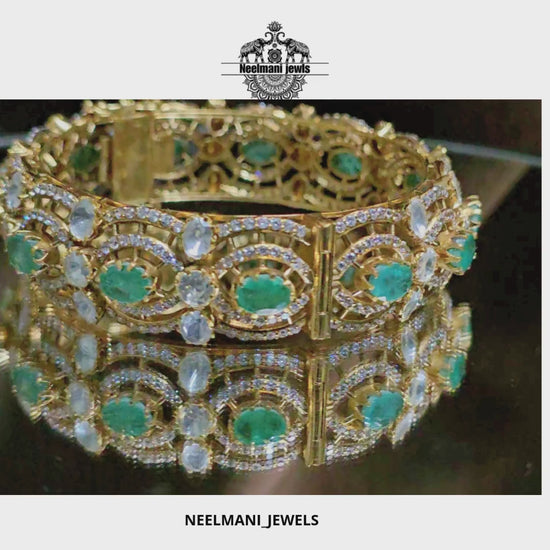 Emerald Green Stone Bangle – Luxury 925 Silver Bridal Kada Jewellery
