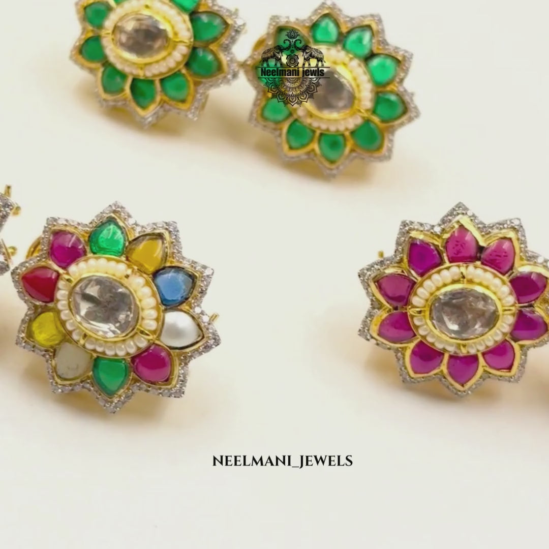 Flora shaped studs, floral stud earrings, flower earrings for women, trendy studs, lightweight earrings, daily wear earrings, designer stud earrings.